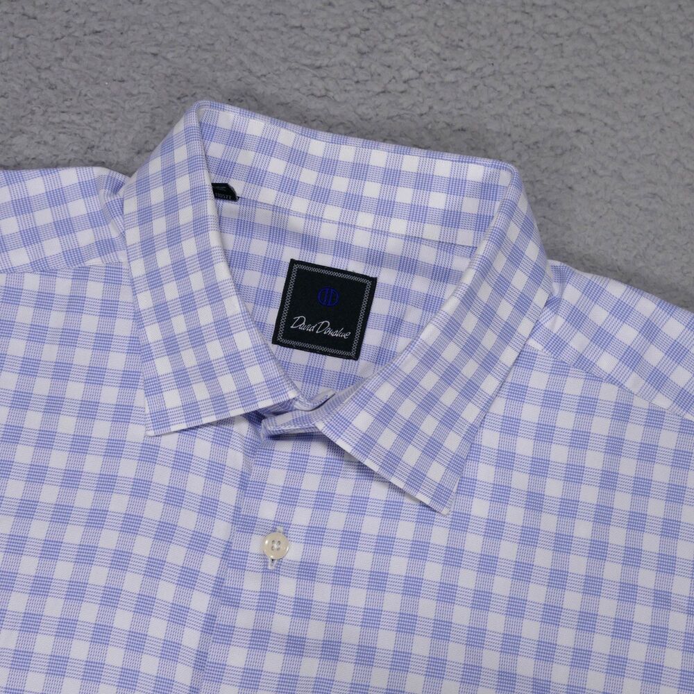 David Donahue Shirt Mens 18 36/37 Blue Check Button Up Long Sleeve